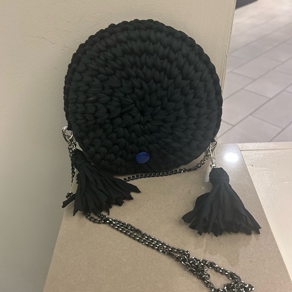 Bag Elegant Black Crochet Crossbody Bag Handmade-Great Shape!! Tassels